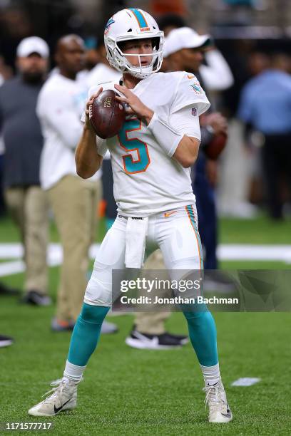Jake Rudock of the Miami Dolphins in action during an NFL preseason game at the Mercedes Benz Superdome on August 29, 2019 in New Orleans, Louisiana.