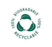 Biodegradable recyclable vector icon. 100 percent bio recyclable and degradable package packet logo. Biodegradable