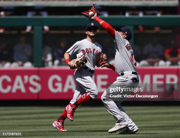 Gorkys Hernandez of the Boston Red Sox catches a fly ball to right center field during the second inning of the MLB game against the Los Angeles...