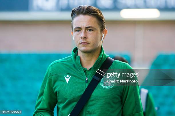 Scott Allan of Hibernian arrives ahead of the Scottish Premier League match between Hibernian and Celtic at Easter Road on 28 September, 2019 in...