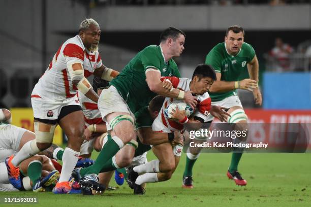 Fumiaki Tanaka of Japan advances with the ball during the Rugby World Cup 2019 Group A game between Japan and Ireland at Shizuoka Stadium Ecopa on...