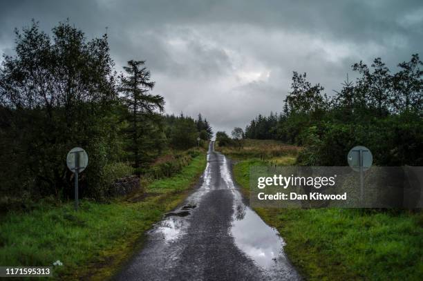 Road runs across the border cutting through Forestry near Eshbrack Bog between Northern Ireland, and the Republic of Ireland on August 29, 2019 in...