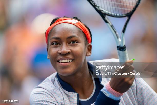 Open Tennis Tournament- Day Seven. A smiling Coco Gauff of the United States while hitting balls into the crowd after her victory with partner...