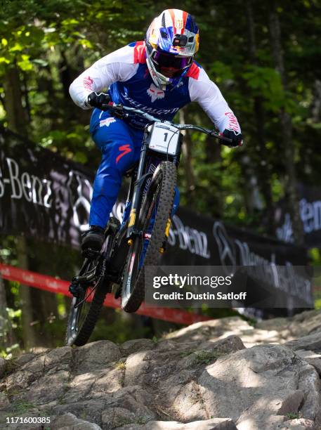 Loic Bruni of France during a training run before the Men's Downhill final at the UCI Mountain Bike World Championships at Mont-Sainte-Anne on...