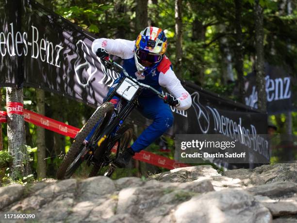 Loic Bruni of France during a training run before the Men's Downhill final at the UCI Mountain Bike World Championships at Mont-Sainte-Anne on...