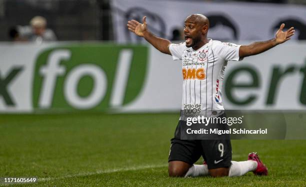 Vagner Love of Corinthians reacts during a match between Corinthians and Palmeiras for the Brasileirao Series A 2019 at Arena Corinthians on...