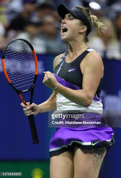 Elina Svitolina of the Ukraine celebrates winning match point during her Women's Singles fourth round match against Madison Keys of the United States...