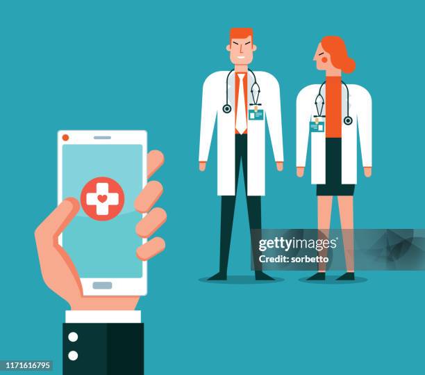 doctor call stock illustration - woman talking doctor stock-grafiken, -clipart, -cartoons und -symbole