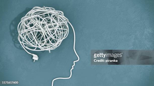 human head with tangled wires - human brain stock pictures, royalty-free photos & images
