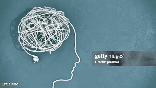 human head with tangled wires - neuro stock pictures, royalty-free photos & images