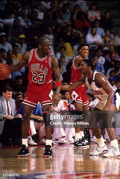 Playoffs: Chicago Bulls Michael Jordan in action vs Detroit Pistons Isiah Thomas during game at The Palace. Game 1. Auburn Hills, MI 5/21/1989...