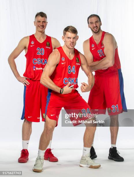 Andrey Vorontsevich, #20; Ron Baker, #84 and Kosta Koufos, #31 poses during the CSKA Moscow - 2019/2020 Turkish Airlines EuroLeague Media Day at USH...