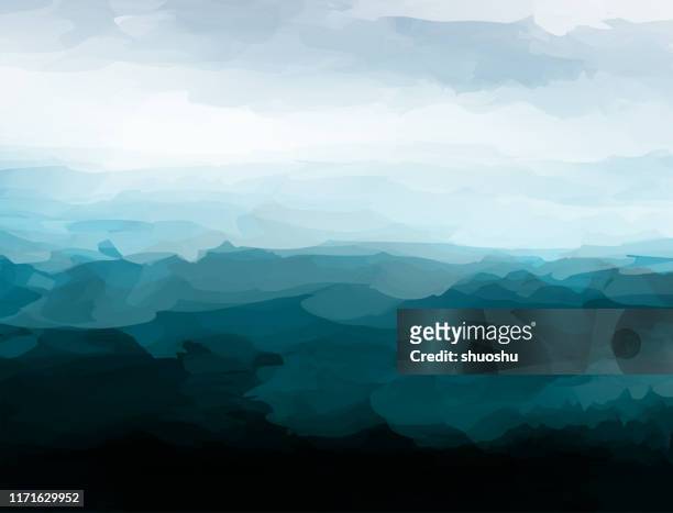 混沌風格山地景觀向量水彩圖案海報 - fog 幅插畫檔、美工圖案、卡通及圖標