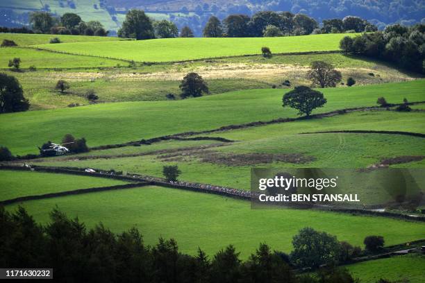 Helicopter follows the peleton as the riders cycle through Norwood Edge, near Otley during the Women's Elite Road Race at the 2019 UCI Road World...