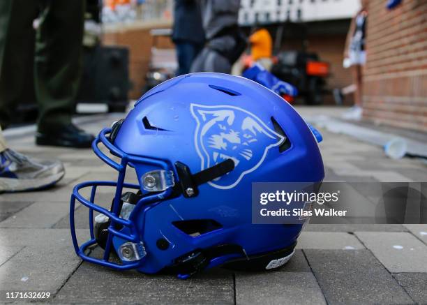 Helmet of the Georgia State Panthers sits on the ground while the team celebrates defeating the Tennessee Volunteers during the season opener at...