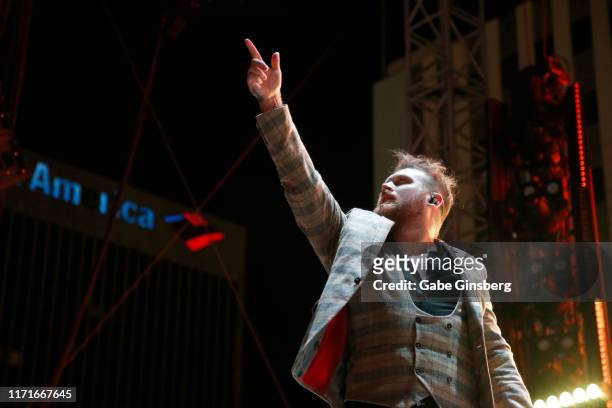 Singer Danny Worsnop of Asking Alexandria performs during the final night of the Who Do You Trust? tour at the Downtown Las Vegas Events Center on...