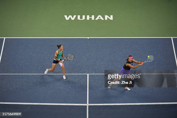 Yingying Duan of China and Veronika Kudermetova of Russia reacts during doubles final against Aryna Sabalenka of Belarus and Elise Mertens of Belgium...