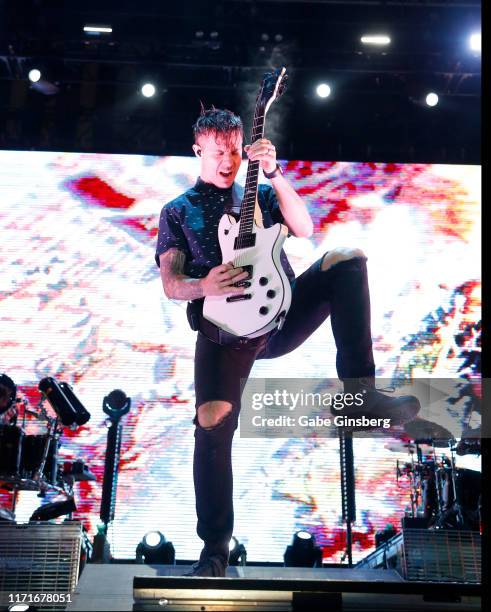 Guitarist Jerry Horton of Papa Roach performs during the final night of the Who Do You Trust? tour at the Downtown Las Vegas Events Center on...