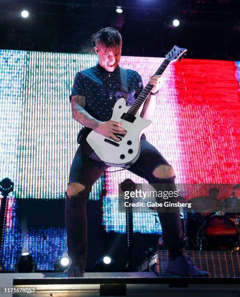 Guitarist Jerry Horton of Papa Roach performs during the final night of the Who Do You Trust? tour at the Downtown Las Vegas Events Center on...