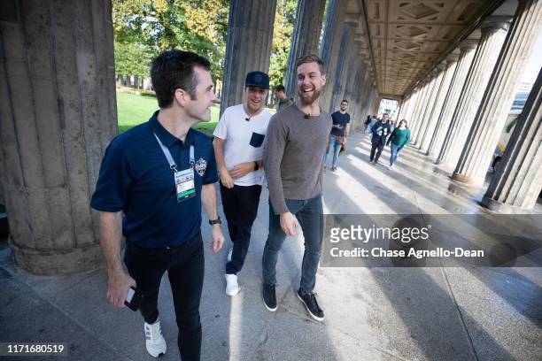 September 28 : Drake Caggiula and Calvin de Haan of the Chicago Blackhawks stop at the UNESCO Welterbestätte Museumsinsel during their tour of the...
