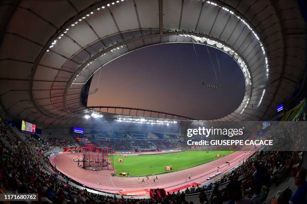 Athletes compete in the Men's 800m heats at the 2019 IAAF World Athletics Championships at the Khalifa International stadium in Doha on September 28,...