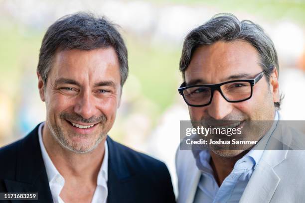 Marco Schreyl and Mousse T attend the 147th "Longines Grosser Preis von Baden" on September 01, 2019 in Baden-Baden, Germany.