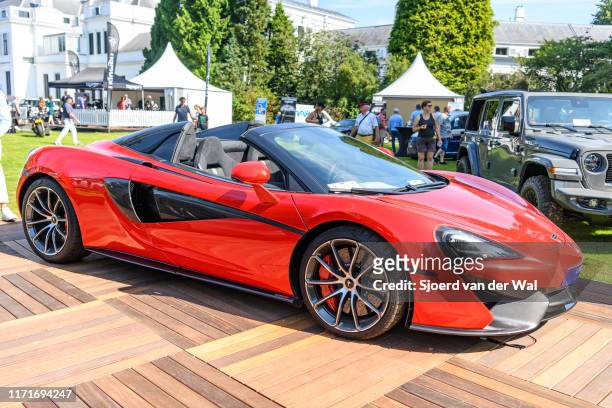 McLaren 570S Spider convertible sports car on display at the 2019 Concours d'Elegance at palace Soestdijk on August 25, 2019 in Baarn, Netherlands....