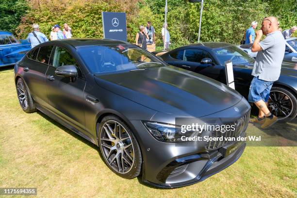 Mercedes-AMG GT 63 S 4-Door Coupé modern sports saloon car on display at the 2019 Concours d'Elegance at palace Soestdijk on August 25, 2019 in...
