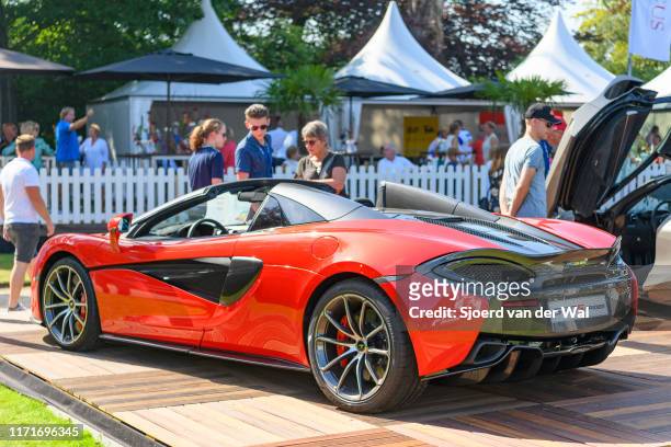 McLaren 570S Spider convertible sports car on display at the 2019 Concours d'Elegance at palace Soestdijk on August 25, 2019 in Baarn, Netherlands....