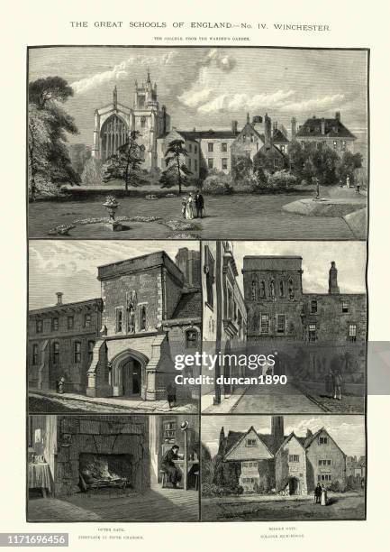 illustrations, cliparts, dessins animés et icônes de vues de winchester college, angleterre, 19ème siècle victorien - pension