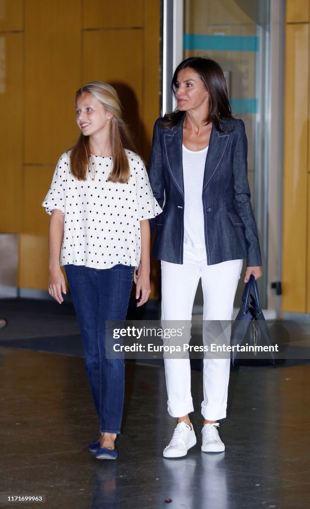 Queen Letizia of Spain and Princess Leonor of Spain visit King Juan Carlos At Quiron Hospital...