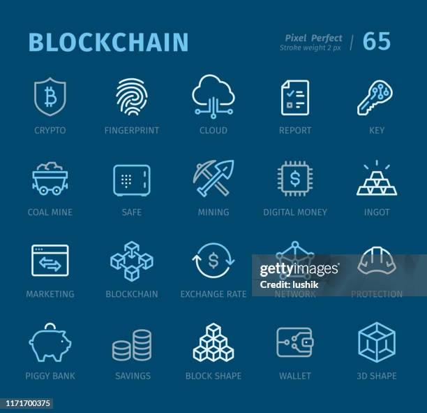 blockchain - gliederungssymbole mit beschriftungen - blockchain stock-grafiken, -clipart, -cartoons und -symbole