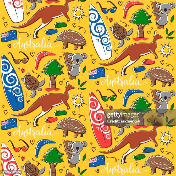 ilustraciones, imágenes clip art, dibujos animados e iconos de stock de patrón sin costuras con símbolos de australia - cultura australiana
