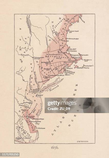 ilustraciones, imágenes clip art, dibujos animados e iconos de stock de mapa de la colonia de la bahía de massachusetts en 1676, litografía, 1876 - colony