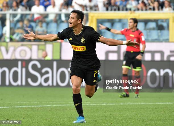 Alexis Sanchez of FC Internazionale celebrates after scoring the first goal of his team during the Serie A match between UC Sampdoria and FC...