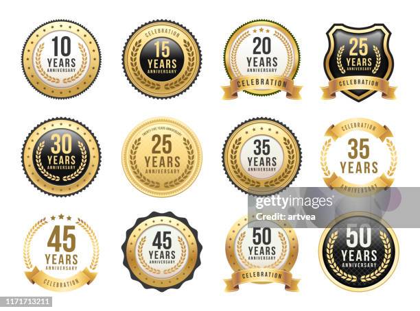 stockillustraties, clipart, cartoons en iconen met verjaardag gouden badge set - 20th anniversary celebration