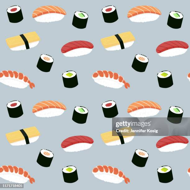 stockillustraties, clipart, cartoons en iconen met naadloze maki en nigiri sushi illustratie patroon, blauwe achtergrond - krab gerecht