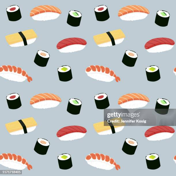 seamless maki and nigiri sushi illustration pattern, blue background - serving dish stock illustrations