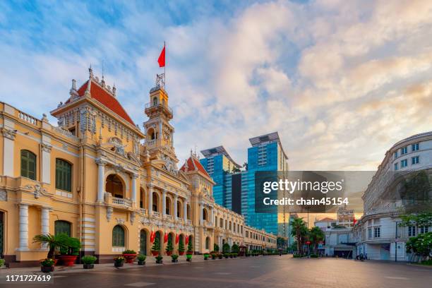 vietnam landmark with blue sky for tourist attraction shows the beautiful architecture of old building. - hoi an vietnam stock-fotos und bilder