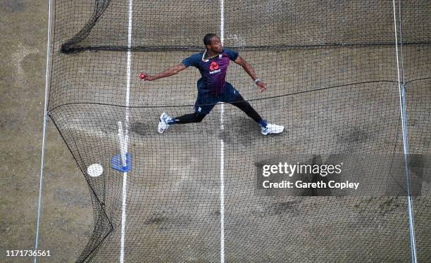 Jofra Archer of England bowls during a net session at Emirates Old Trafford on September 02, 2019 in Manchester, England.