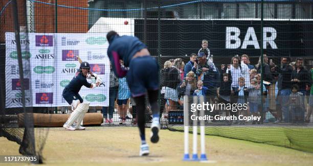Rory Burns of England faces Jofra Archer during a net session at Emirates Old Trafford on September 02, 2019 in Manchester, England.