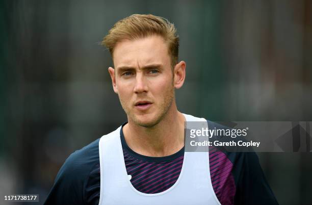 Stuart Broad of England during a net session at Emirates Old Trafford on September 02, 2019 in Manchester, England.