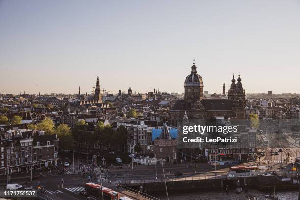 amsterdam cityscape - view over the cathedral and old town - amsterdam aerial stock pictures, royalty-free photos & images