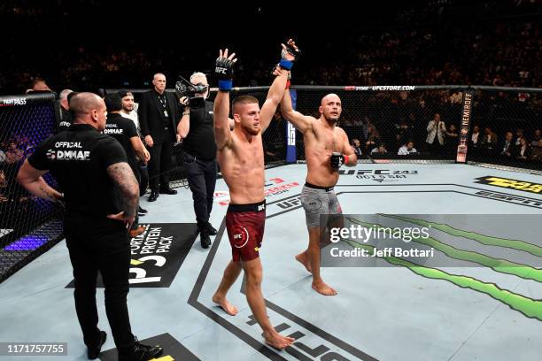 Ismail Naurdiev of Austria and Siyar Bahadurzada of Afghanistan react after the conclusion of their welterweight bout during the UFC Fight Night...