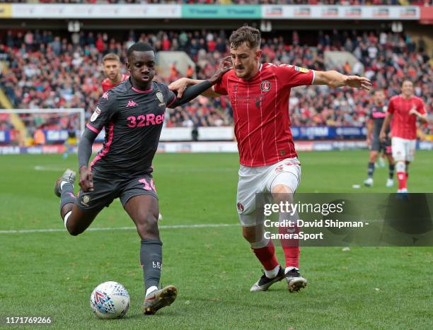 Leeds United's Edward Nketiah tries to find a way past Charlton Athletic's Tom Lockyer during the Sky Bet Championship match between Charlton...