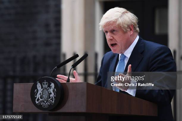 British Prime Minister Boris Johnson delivers a speech at 10 Downing Street on September 2, 2019 in London, England. Boris Johnson spoke to the...