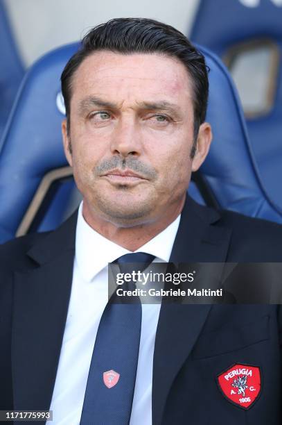 Massimo Oddo manager of AC Perugia looks on during the Serie B match between Empoli FC and AC Perugia at Stadio Carlo Castellani on September 28,...
