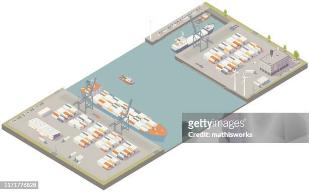 aerial isometric cargo port - tugboat stock illustrations