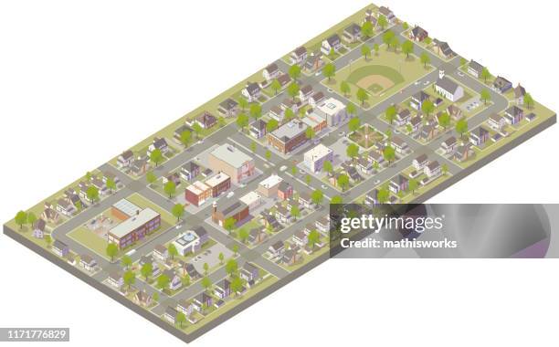 aerial isometric small town - small town stock illustrations