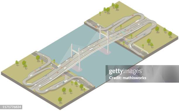 ilustrações, clipart, desenhos animados e ícones de ponte moderna isométrica aérea - ponte suspensa